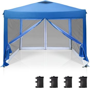 10' x 10' Pop Up Canopy Tent with Netting, Instant Gazebo,  Screen Party Tent House Room with Carry Bag, Height Adjustable, for Outdoor, Garden, Blue